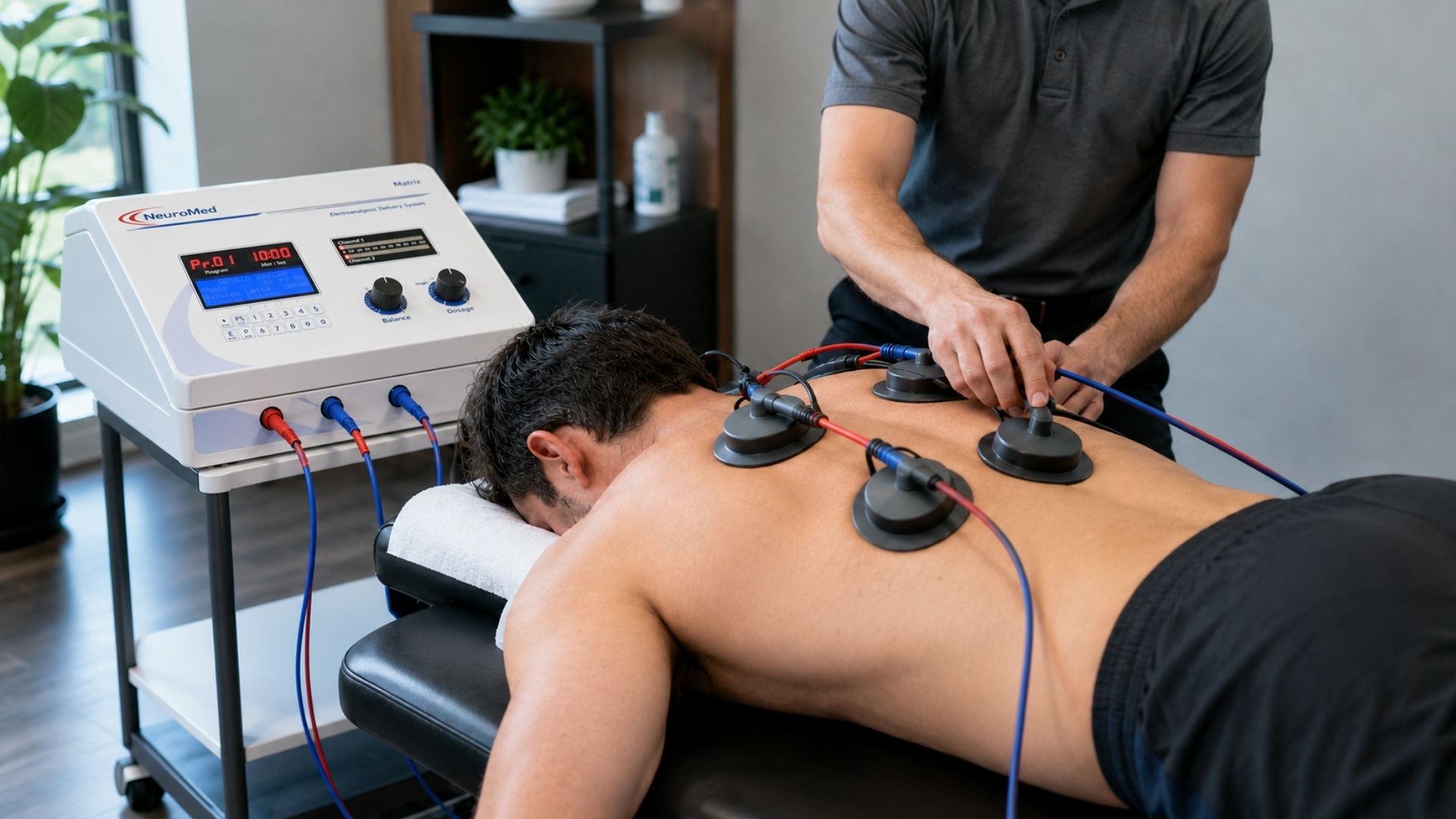 Man receiving electrotherapy with electrode pads on his back connected to a NeuroMed machine in a clinical setting.