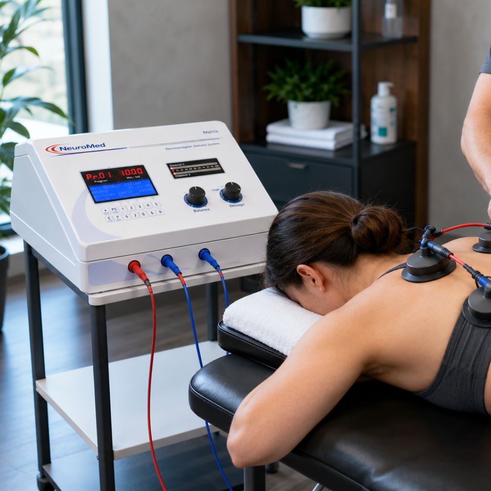 The Matrix 2 Person receiving electrotherapy on back from NeuroMed electrical stimulation machine in a clinical setting.