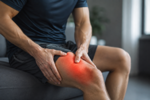 Muscular man in pain on couch