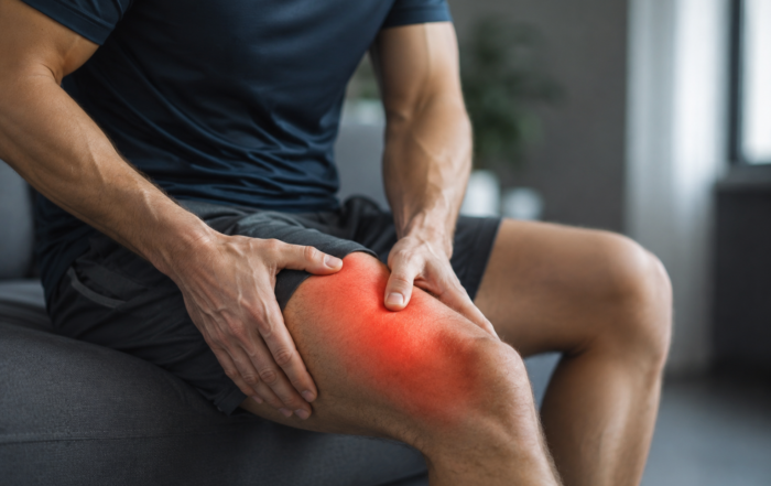 Muscular man in pain on couch