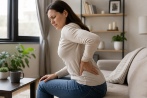 Woman experiencing herniated disk back pain