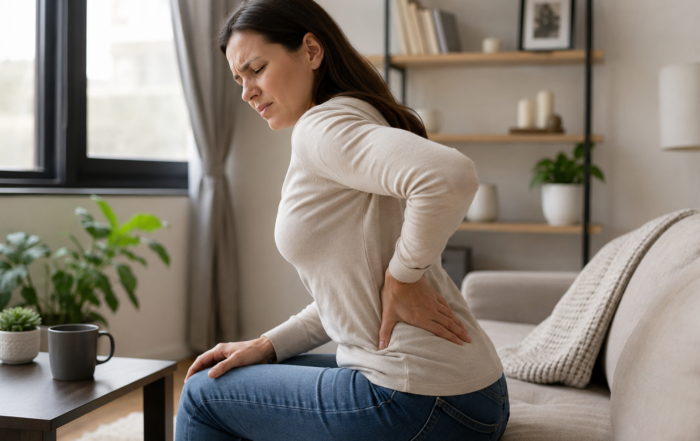 Woman experiencing herniated disk back pain