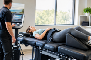 Patient receiving non-surgical spinal decompression therapy at HealthWorks, Summerville Disc & Neuropathy Center