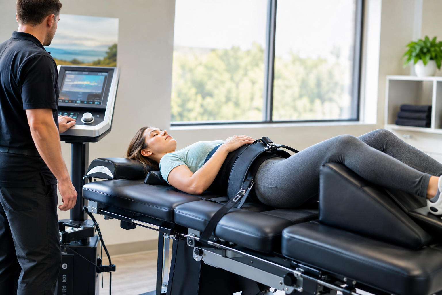 Patient receiving non-surgical spinal decompression therapy at HealthWorks, Summerville Disc & Neuropathy Center